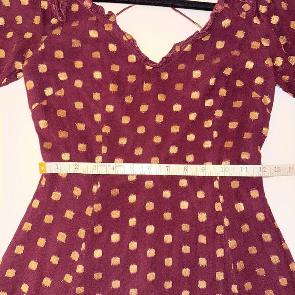 Topshop A Line Off the Shoulder Mini Dress Burgundy w Gold Metallic Polka Dots 4 - Picture 9 of 15